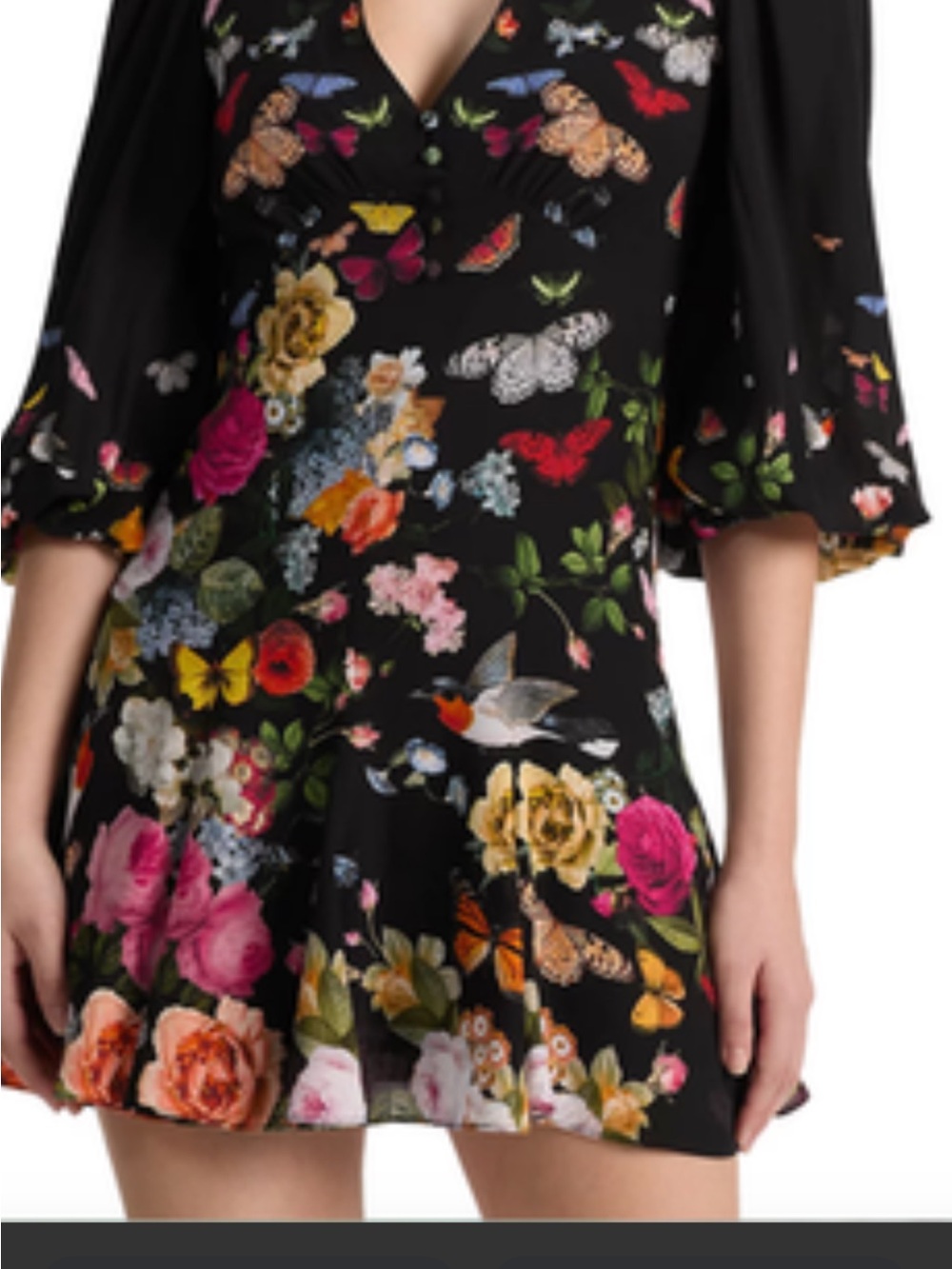 Alice + Olivia Black Floral Long Sleeve V-Neck Dress